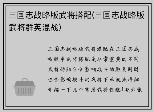 三国志战略版武将搭配(三国志战略版武将群英混战)